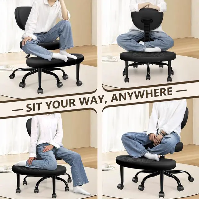 Alt view image 4 of 6 - Ergonomic Cross Legged Office Chair with Wheels - Adjustable Height for Meditation, ADHD Desk & Yoga - Wide Criss Cross Design with Lumbar Support, Kneeling Chair - Black