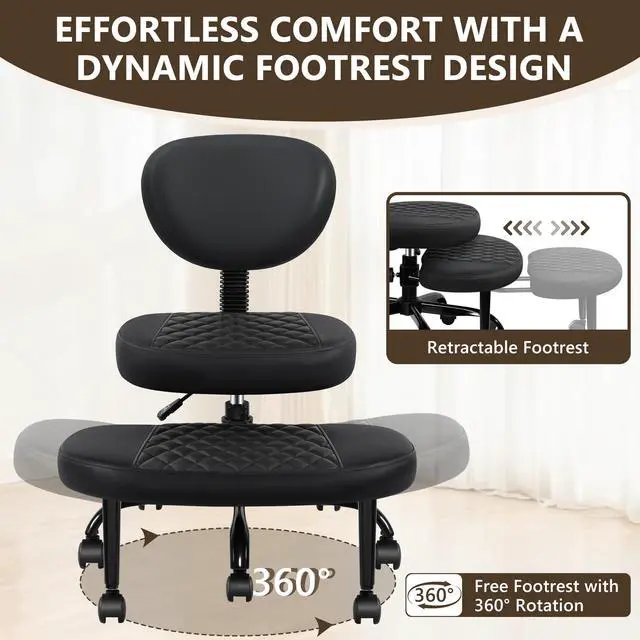 Alt view image 6 of 6 - Ergonomic Cross Legged Office Chair with Wheels - Adjustable Height for Meditation, ADHD Desk & Yoga - Wide Criss Cross Design with Lumbar Support, Kneeling Chair - Black