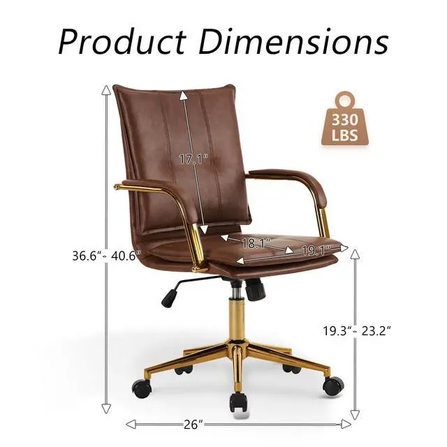 Alt view image 2 of 6 - Mid-Back Ergonomic Leather Office Chair, Modern Upholstered Executive Desk Chair with Gold Frame Armrest Computer Task Chair (Camel)