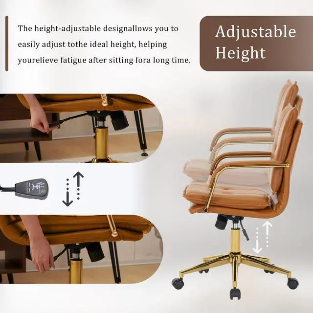 Alt view image 5 of 6 - Mid-Back Ergonomic Leather Office Chair, Modern Upholstered Executive Desk Chair with Gold Frame Armrest Computer Task Chair (Camel)