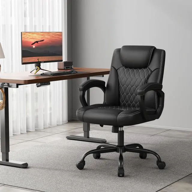 Alt view image 2 of 6 - Office Chair, Executive Desk Chair, PU Leather Comfortable Executive Chairs with Fixed Armrest, Adjustable Height, Rocking Function, 360° Swivel Wheels, Black