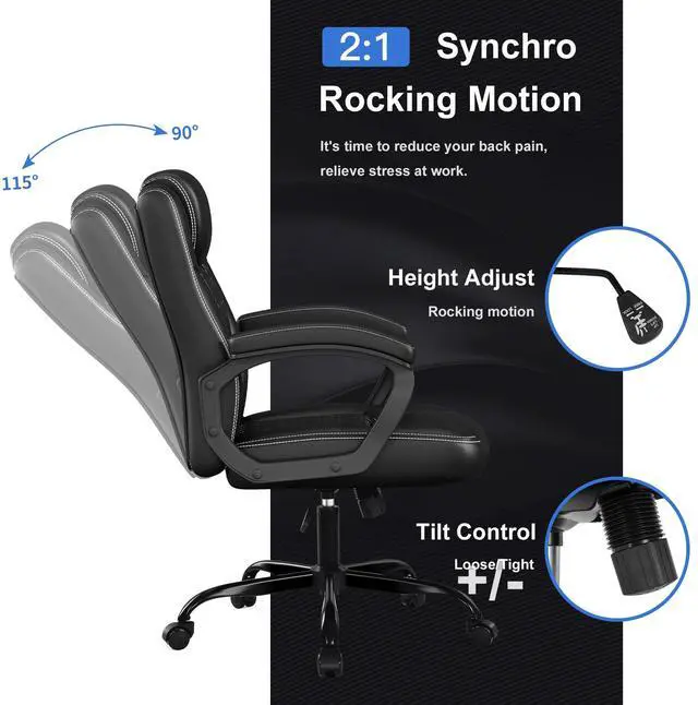 Alt view image 4 of 6 - Office Chair, Executive Desk Chair, PU Leather Comfortable Executive Chairs with Fixed Armrest, Adjustable Height, Rocking Function, 360° Swivel Wheels, Black