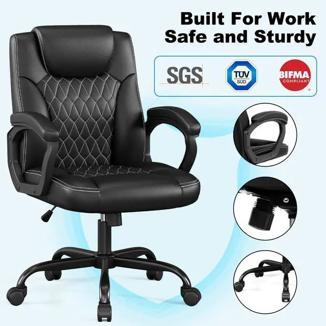 Alt view image 5 of 6 - Office Chair, Executive Desk Chair, PU Leather Comfortable Executive Chairs with Fixed Armrest, Adjustable Height, Rocking Function, 360° Swivel Wheels, Black