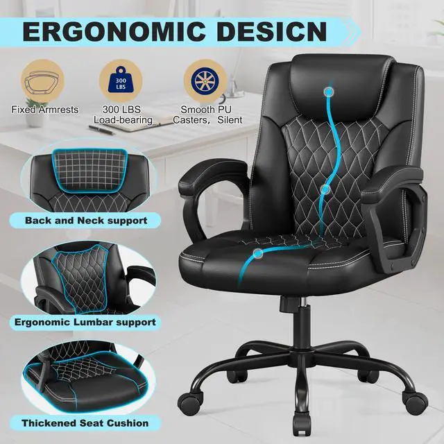 Alt view image 6 of 6 - Office Chair, Executive Desk Chair, PU Leather Comfortable Executive Chairs with Fixed Armrest, Adjustable Height, Rocking Function, 360° Swivel Wheels, Black