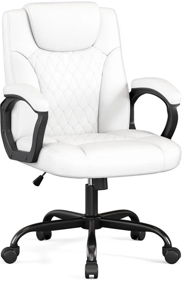 Main image of Office Chair, Executive Desk Chair, PU Leather Comfortable Ergonomic Chairs with Fixed Armrest, Adjustable Height, Rocking Function, 360° Swivel Wheels, White