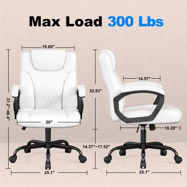 Alt view image 3 of 6 - Office Chair, Executive Desk Chair, PU Leather Comfortable Ergonomic Chairs with Fixed Armrest, Adjustable Height, Rocking Function, 360° Swivel Wheels, White
