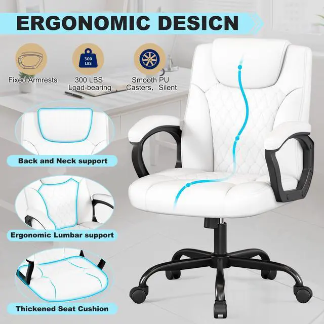 Alt view image 4 of 6 - Office Chair, Executive Desk Chair, PU Leather Comfortable Ergonomic Chairs with Fixed Armrest, Adjustable Height, Rocking Function, 360° Swivel Wheels, White