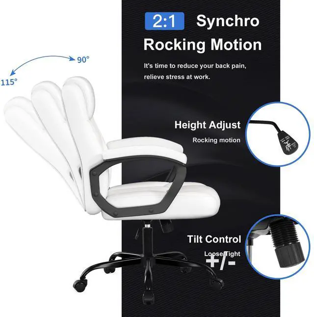 Alt view image 5 of 6 - Office Chair, Executive Desk Chair, PU Leather Comfortable Ergonomic Chairs with Fixed Armrest, Adjustable Height, Rocking Function, 360° Swivel Wheels, White