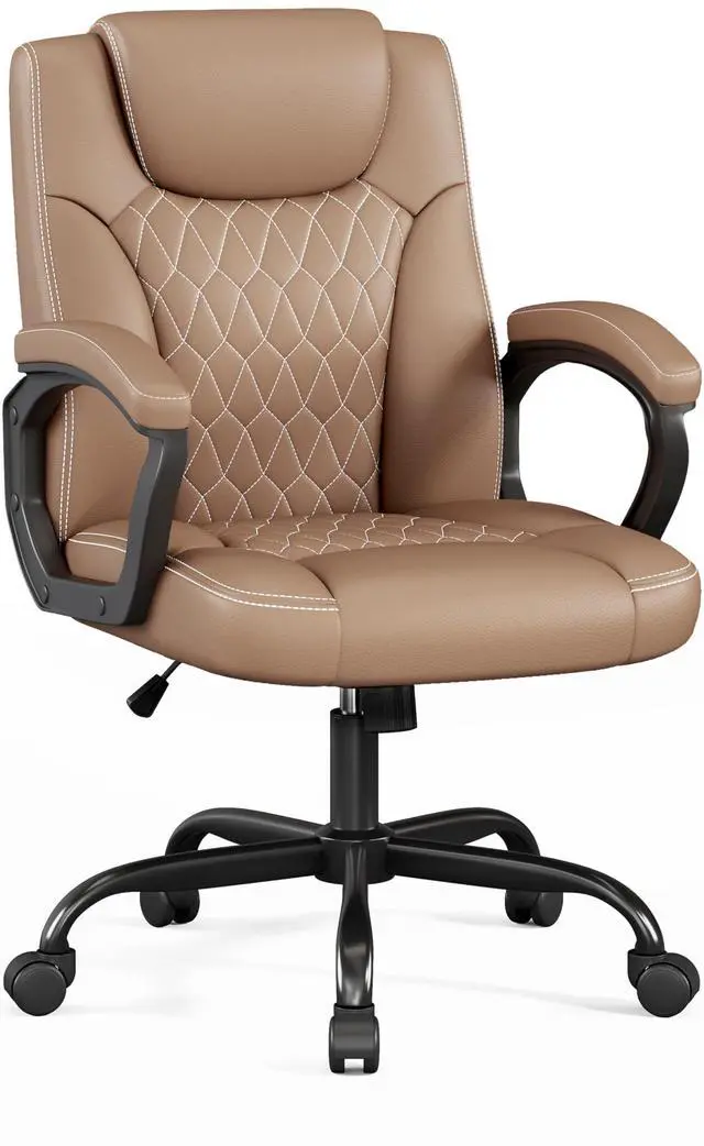 Main image of Office Chair, Executive Desk Chair, PU Leather Comfortable Ergonomic Chairs with Fixed Armrest, Adjustable Height, Rocking Function, 360° Swivel Wheels, Brown