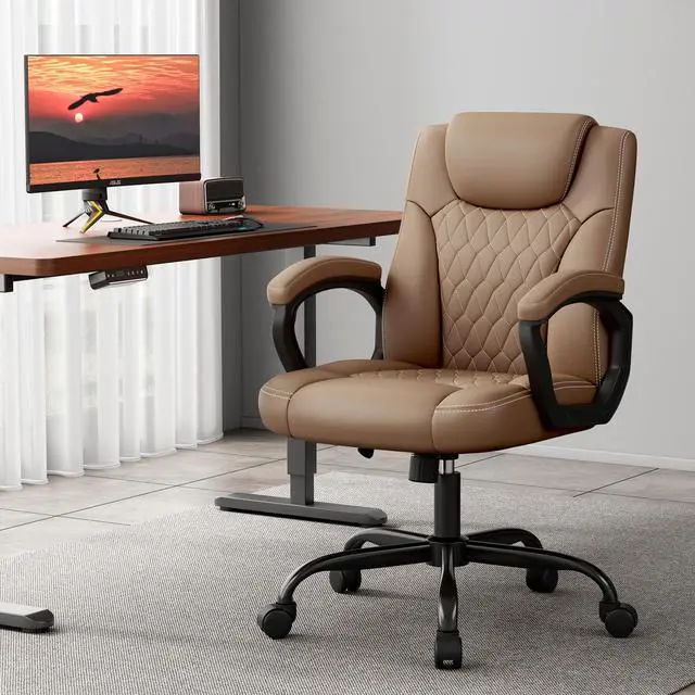 Alt view image 2 of 6 - Office Chair, Executive Desk Chair, PU Leather Comfortable Ergonomic Chairs with Fixed Armrest, Adjustable Height, Rocking Function, 360° Swivel Wheels, Brown