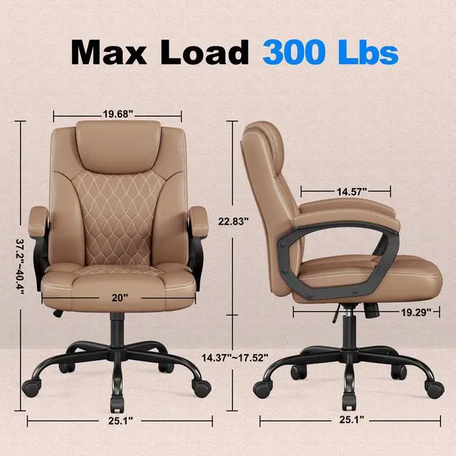 Alt view image 3 of 6 - Office Chair, Executive Desk Chair, PU Leather Comfortable Ergonomic Chairs with Fixed Armrest, Adjustable Height, Rocking Function, 360° Swivel Wheels, Brown