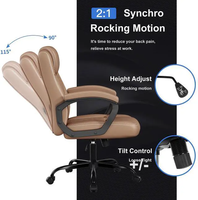 Alt view image 4 of 6 - Office Chair, Executive Desk Chair, PU Leather Comfortable Ergonomic Chairs with Fixed Armrest, Adjustable Height, Rocking Function, 360° Swivel Wheels, Brown