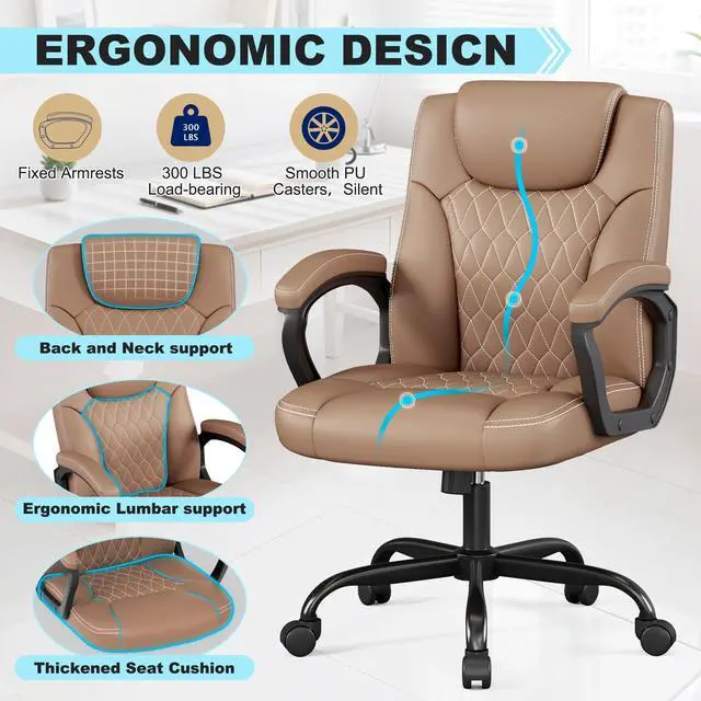 Alt view image 5 of 6 - Office Chair, Executive Desk Chair, PU Leather Comfortable Ergonomic Chairs with Fixed Armrest, Adjustable Height, Rocking Function, 360° Swivel Wheels, Brown