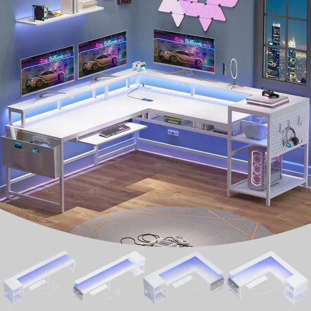 Main image of L Shaped Gaming Desk, Reversible Computer Desk, Gaming Desk with Power Outlets & LED Strip, Monitor Shelf, Keyboard Tray, Pegboard and Storage Shelves for Home Office, White