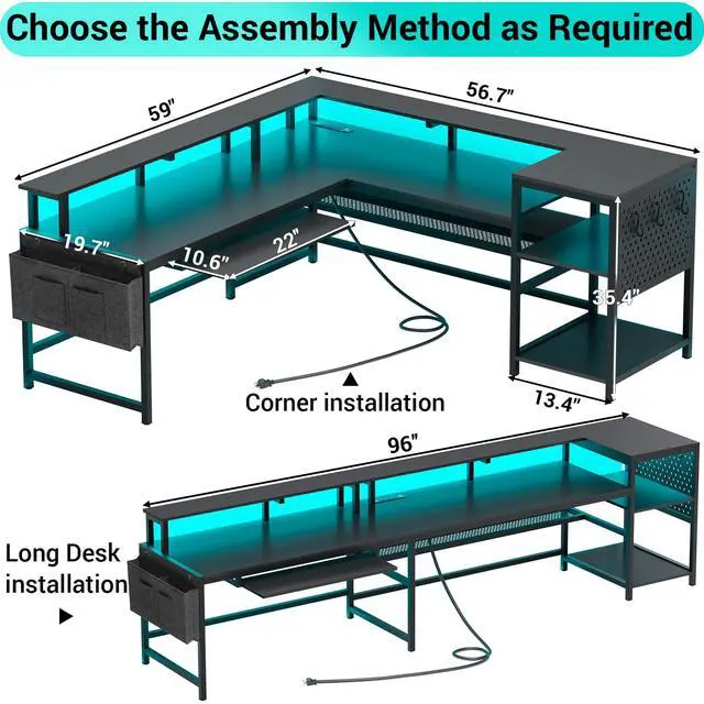 Alt view image 3 of 6 - L Shaped Gaming Desk, Reversible Computer Desk, Gaming Desk with Power Outlets & LED Strip, Monitor Shelf, Keyboard Tray, Pegboard and Storage Shelves for Home Office, Black