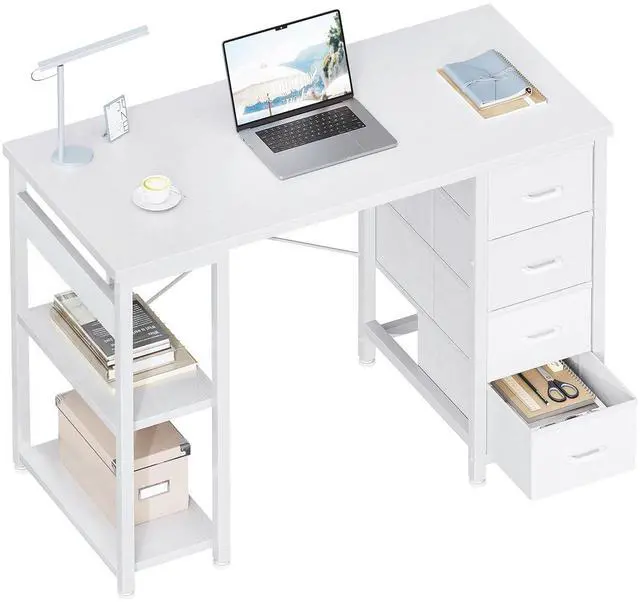 Main image of 40 Inch Small White Computer Desk with 4 Fabric Drawers, Modern Office Desk for Home Office Gaming with Storage Shelves Study, White