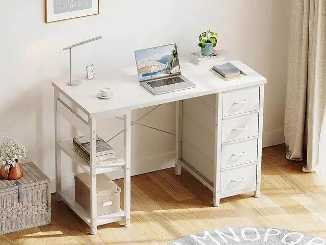 Alt view image 2 of 6 - 40 Inch Small White Computer Desk with 4 Fabric Drawers, Modern Office Desk for Home Office Gaming with Storage Shelves Study, White