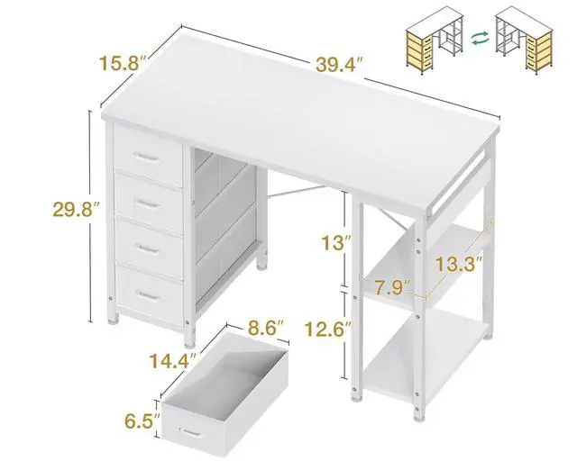Alt view image 3 of 6 - 40 Inch Small White Computer Desk with 4 Fabric Drawers, Modern Office Desk for Home Office Gaming with Storage Shelves Study, White