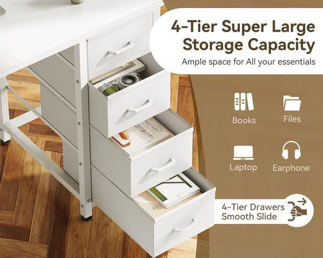Alt view image 4 of 6 - 40 Inch Small White Computer Desk with 4 Fabric Drawers, Modern Office Desk for Home Office Gaming with Storage Shelves Study, White
