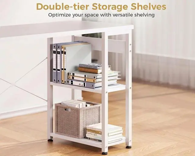 Alt view image 5 of 6 - 40 Inch Small White Computer Desk with 4 Fabric Drawers, Modern Office Desk for Home Office Gaming with Storage Shelves Study, White