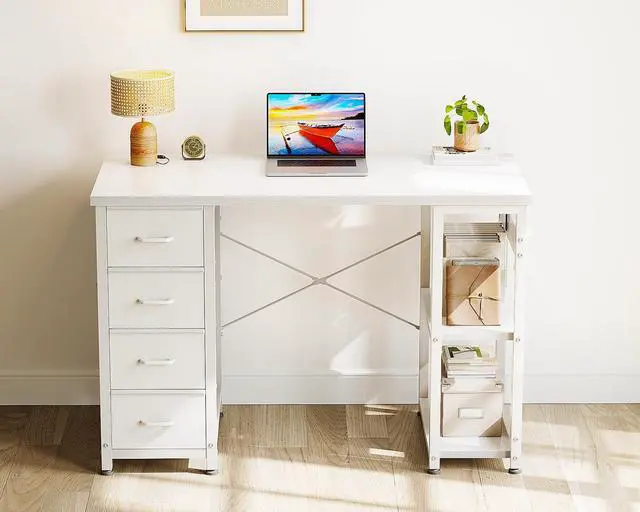 Alt view image 6 of 6 - 40 Inch Small White Computer Desk with 4 Fabric Drawers, Modern Office Desk for Home Office Gaming with Storage Shelves Study, White