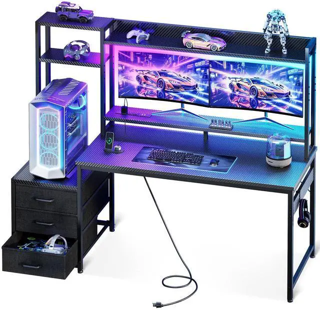 Main image of 55 Inch Gaming Desk with Hutch & 3 Fabric Drawers, Computer Desk with USB Ports & LED Lights, Reversible Pc Gamer Table with Monitor Stand for Home Office, Carbon Fiber Black
