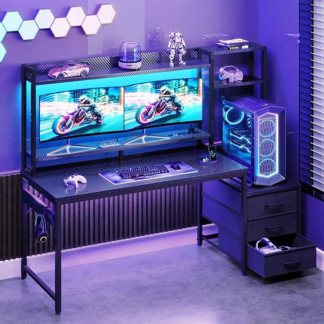 Alt view image 2 of 6 - 55 Inch Gaming Desk with Hutch & 3 Fabric Drawers, Computer Desk with USB Ports & LED Lights, Reversible Pc Gamer Table with Monitor Stand for Home Office, Carbon Fiber Black