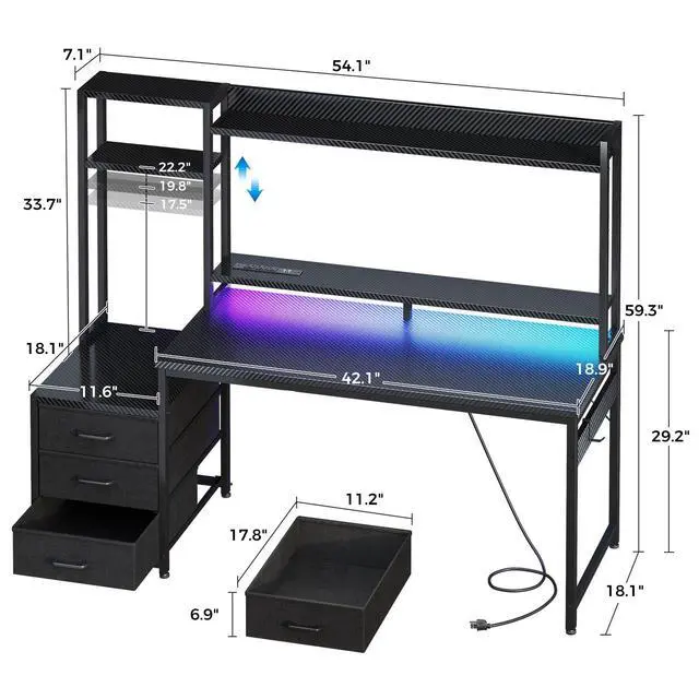 Alt view image 3 of 6 - 55 Inch Gaming Desk with Hutch & 3 Fabric Drawers, Computer Desk with USB Ports & LED Lights, Reversible Pc Gamer Table with Monitor Stand for Home Office, Carbon Fiber Black