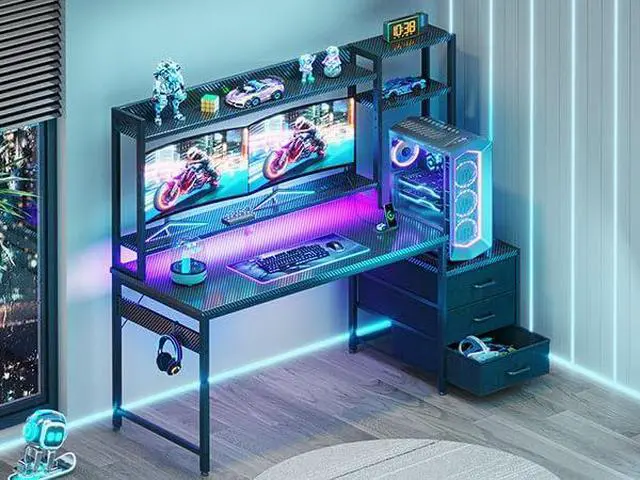 Alt view image 4 of 6 - 55 Inch Gaming Desk with Hutch & 3 Fabric Drawers, Computer Desk with USB Ports & LED Lights, Reversible Pc Gamer Table with Monitor Stand for Home Office, Carbon Fiber Black
