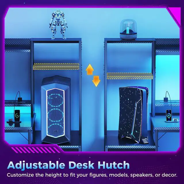 Alt view image 5 of 6 - 48 Inch Gaming Desk with Hutch & 3 Fabric Drawers, Computer Desk with USB Ports & LED Lights, Reversible Pc Gamer Table with Monitor Stand for Home Office, Carbon Fiber Black