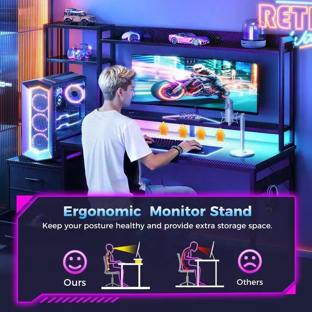 Alt view image 6 of 6 - 48 Inch Gaming Desk with Hutch & 3 Fabric Drawers, Computer Desk with USB Ports & LED Lights, Reversible Pc Gamer Table with Monitor Stand for Home Office, Carbon Fiber Black