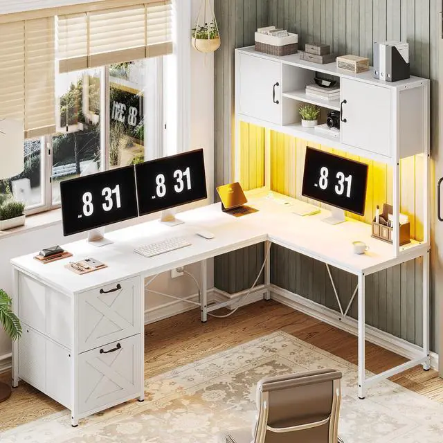 Main image of White L Shaped Office Desk, Farmhouse Home Office Desk with Fabric File Drawers and Power Outlet, Corner Gaming Desk with LED Lights, Hutch and Storage Shelves