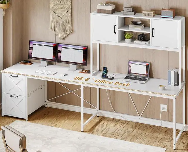 Alt view image 3 of 6 - White L Shaped Office Desk, Farmhouse Home Office Desk with Fabric File Drawers and Power Outlet, Corner Gaming Desk with LED Lights, Hutch and Storage Shelves