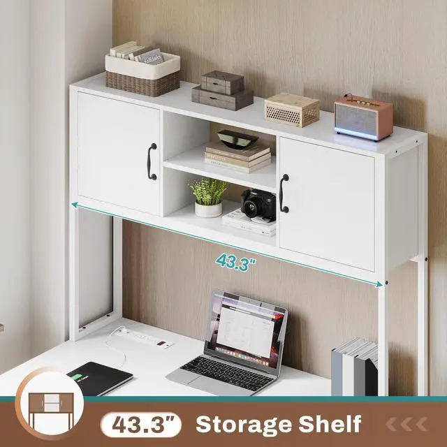 Alt view image 5 of 6 - White L Shaped Office Desk, Farmhouse Home Office Desk with Fabric File Drawers and Power Outlet, Corner Gaming Desk with LED Lights, Hutch and Storage Shelves
