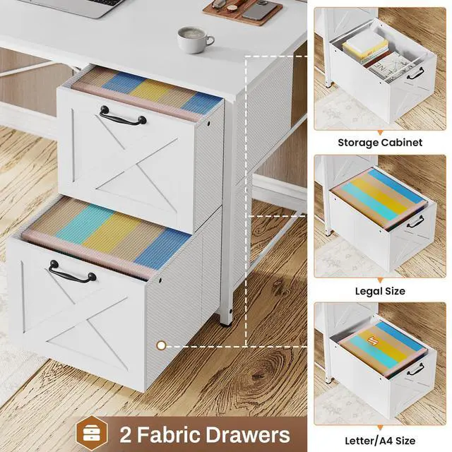 Alt view image 6 of 6 - White L Shaped Office Desk, Farmhouse Home Office Desk with Fabric File Drawers and Power Outlet, Corner Gaming Desk with LED Lights, Hutch and Storage Shelves