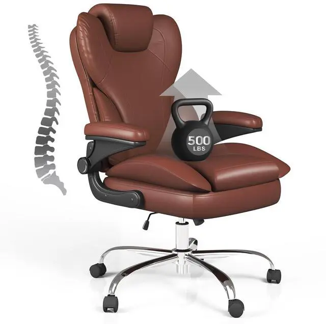 Main image of Office Desk Chair, Executive Leather Office Chair, High Back Ergonomic Home Desk Chair with Padded Flip-up Arms, Big and Tall Computer Chair with Rocking Function, 360°Swivel Free, Light Brown
