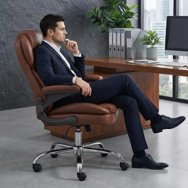 Alt view image 2 of 6 - Office Desk Chair, Executive Leather Office Chair, High Back Ergonomic Home Desk Chair with Padded Flip-up Arms, Big and Tall Computer Chair with Rocking Function, 360°Swivel Free, Light Brown