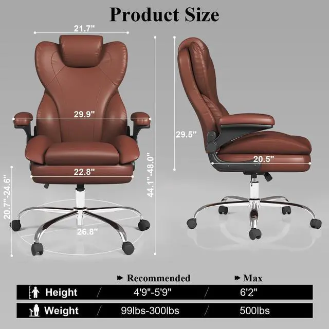 Alt view image 3 of 6 - Office Desk Chair, Executive Leather Office Chair, High Back Ergonomic Home Desk Chair with Padded Flip-up Arms, Big and Tall Computer Chair with Rocking Function, 360°Swivel Free, Light Brown