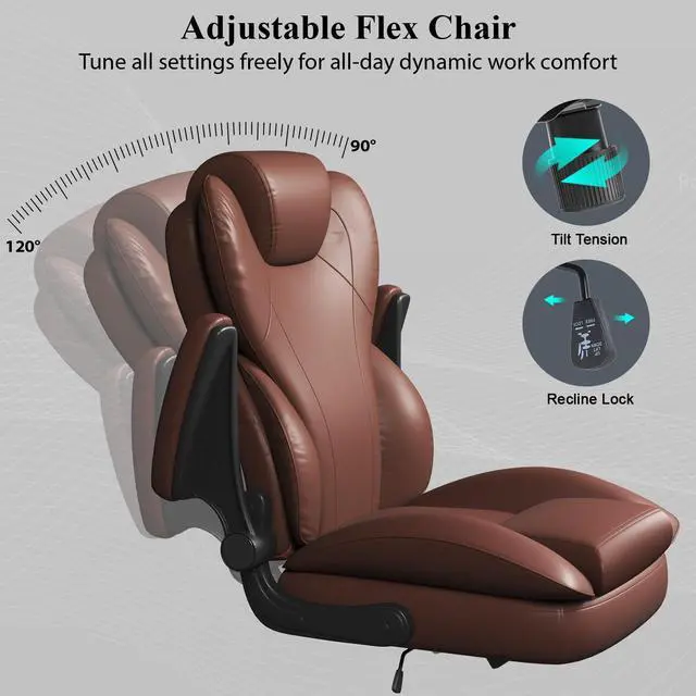 Alt view image 4 of 6 - Office Desk Chair, Executive Leather Office Chair, High Back Ergonomic Home Desk Chair with Padded Flip-up Arms, Big and Tall Computer Chair with Rocking Function, 360°Swivel Free, Light Brown
