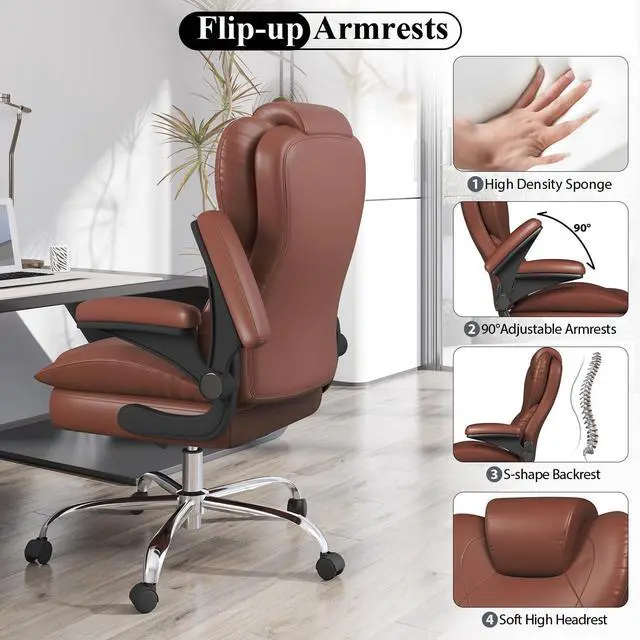 Alt view image 5 of 6 - Office Desk Chair, Executive Leather Office Chair, High Back Ergonomic Home Desk Chair with Padded Flip-up Arms, Big and Tall Computer Chair with Rocking Function, 360°Swivel Free, Light Brown