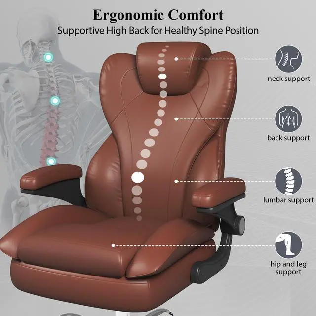 Alt view image 6 of 6 - Office Desk Chair, Executive Leather Office Chair, High Back Ergonomic Home Desk Chair with Padded Flip-up Arms, Big and Tall Computer Chair with Rocking Function, 360°Swivel Free, Light Brown