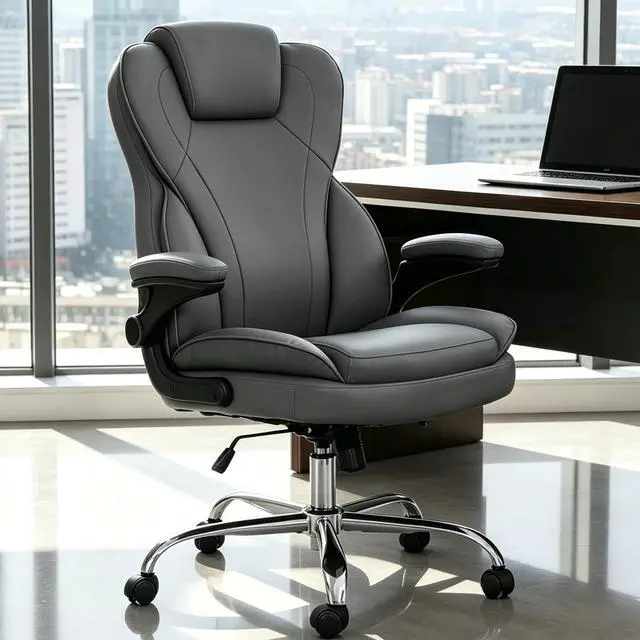 Main image of Office Desk Chair, Executive Leather Office Chair, High Back Ergonomic Home Desk Chair with Padded Flip-up Arms, Big and Tall Computer Chair with Rocking Function, 360°Swivel Free, Gray