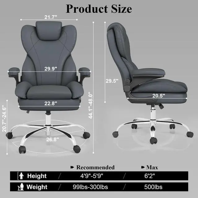Alt view image 2 of 6 - Office Desk Chair, Executive Leather Office Chair, High Back Ergonomic Home Desk Chair with Padded Flip-up Arms, Big and Tall Computer Chair with Rocking Function, 360°Swivel Free, Gray