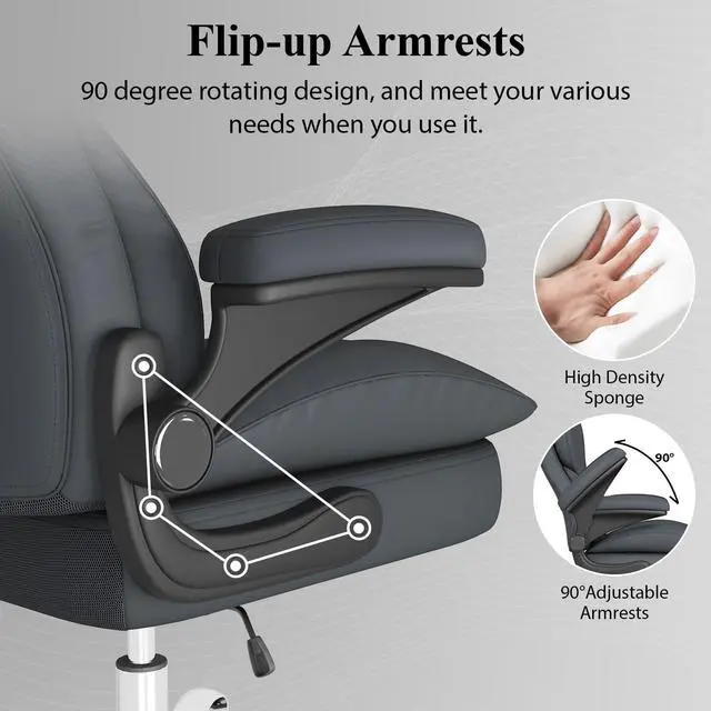 Alt view image 3 of 6 - Office Desk Chair, Executive Leather Office Chair, High Back Ergonomic Home Desk Chair with Padded Flip-up Arms, Big and Tall Computer Chair with Rocking Function, 360°Swivel Free, Gray