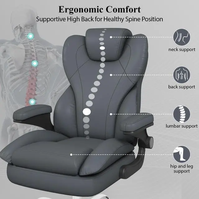 Alt view image 4 of 6 - Office Desk Chair, Executive Leather Office Chair, High Back Ergonomic Home Desk Chair with Padded Flip-up Arms, Big and Tall Computer Chair with Rocking Function, 360°Swivel Free, Gray