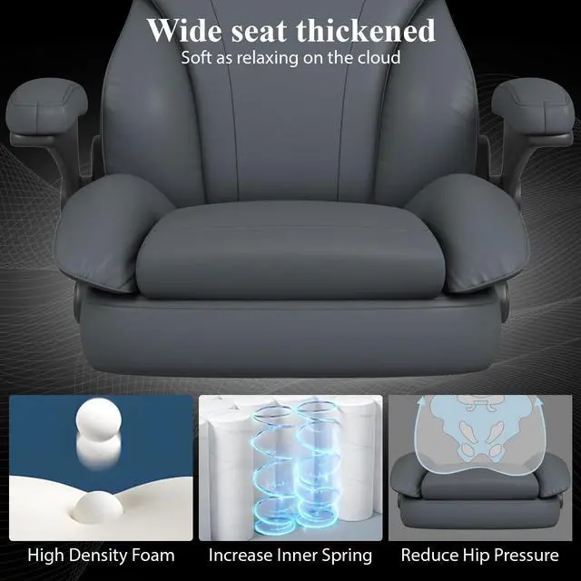 Alt view image 5 of 6 - Office Desk Chair, Executive Leather Office Chair, High Back Ergonomic Home Desk Chair with Padded Flip-up Arms, Big and Tall Computer Chair with Rocking Function, 360°Swivel Free, Gray