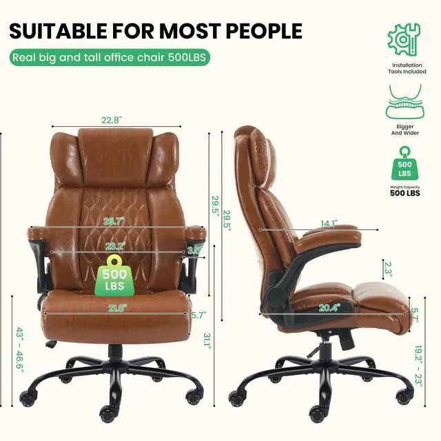 Alt view image 3 of 6 - 500lbs Big and Tall Office Chair Adjustable Lumbar Support for Back Pain, Extra Wide Seat Executive Office Chair Thick Armrest Pad, Heavy Duty Base&Upgraded Wheels, Ergonomic Comfy Computer Desk Chair