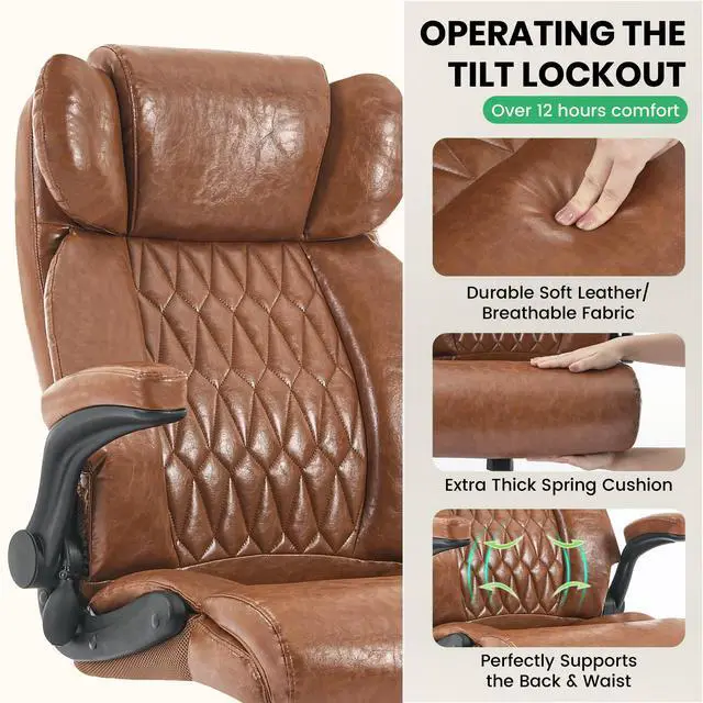 Alt view image 4 of 6 - 500lbs Big and Tall Office Chair Adjustable Lumbar Support for Back Pain, Extra Wide Seat Executive Office Chair Thick Armrest Pad, Heavy Duty Base&Upgraded Wheels, Ergonomic Comfy Computer Desk Chair