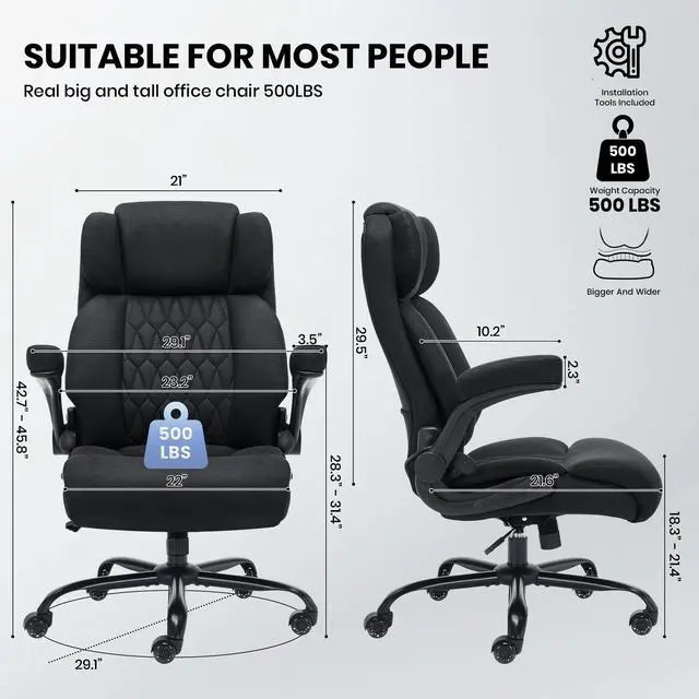 Alt view image 3 of 6 - 500lbs Big and Tall Office Chair Adjustable Lumbar Support for Back Pain, Extra Wide Seat Executive Office Chair Thick Armrest Pad, Heavy Duty Base&Upgraded Wheels, Ergonomic Comfy Computer Desk Chair