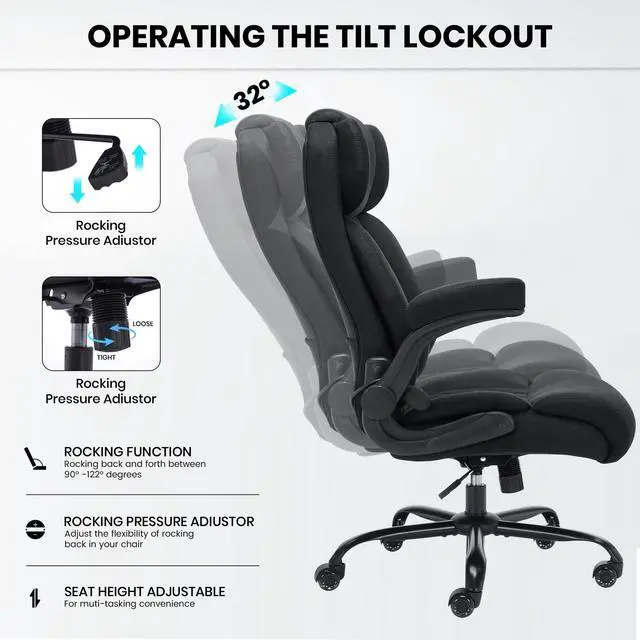 Alt view image 4 of 6 - 500lbs Big and Tall Office Chair Adjustable Lumbar Support for Back Pain, Extra Wide Seat Executive Office Chair Thick Armrest Pad, Heavy Duty Base&Upgraded Wheels, Ergonomic Comfy Computer Desk Chair